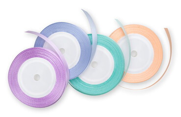 Rolls of satin ribbons for decorations and make shiny bows, embellished wrap package for festive,...