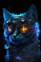 detailed portrait of a Dark-Blue cyberpunk Cat made with ashes,illustration,created with Generative AI Technology - obrazy, fototapety, plakaty