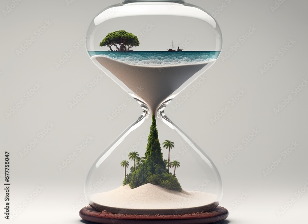 Wall mural hourglass with sand. tropical island and ocean inside of sandglass. concept of time passing and time