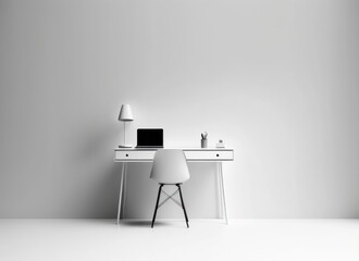 White chair and table isolated on white background. Minimal, copy space, empty and blank space. Generative AI.