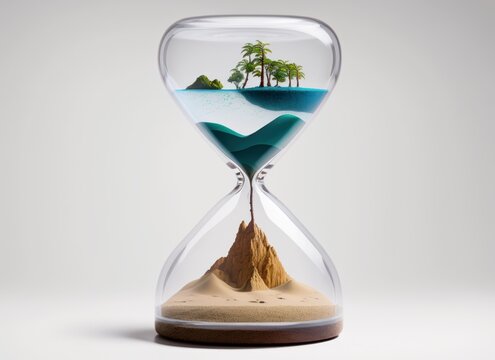 Hourglass with sand. Tropical island and ocean inside of sandglass. Concept of global warming. Generative AI.