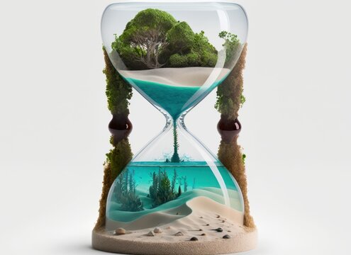 Hourglass with sand. Tropical island and ocean inside of sandglass. Concept of climate change. Generative AI.