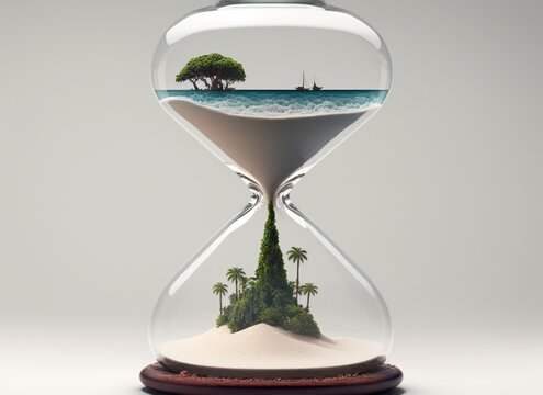 Hourglass with sand. Tropical island and ocean inside of sandglass. Concept of time passing and time is money. Generative AI.