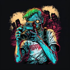 Zombie photographer illustration, holding camera dslr, mirrorless. Passion to photography concept Generative AI