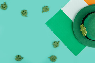 green leprechaun hat with clovers and irish flag