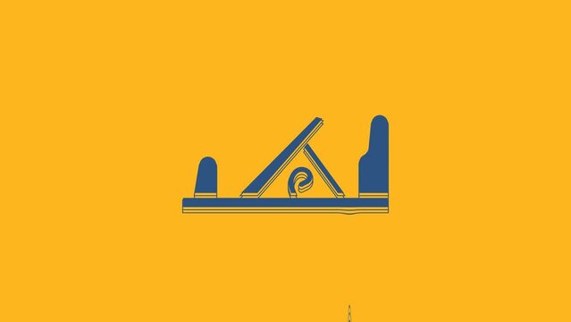Blue Wood plane tool for woodworker hand crafted icon isolated on orange background. Jointer plane. 4K Video motion graphic animation