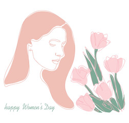 Banner postcard with International Women's Day. Illustration of a tender girl with tulips. Continuous drawing with one line