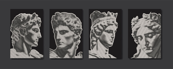 Antique greek statues in engraved line pattern. Renaissance sculpture in modern guilloche design. Roman statue faces, textured artwork. Vector illustration for poster, cover, wall art, banner
