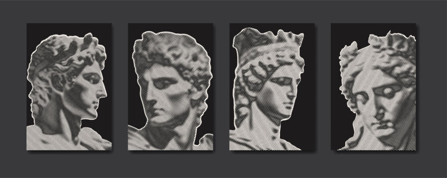 Antique greek statues in engraved line pattern. Renaissance sculpture in modern guilloche design. Roman statue faces, textured artwork. Vector illustration for poster, cover, wall art, banner