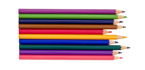 Colorful crayons on a transparent background. Top view, png.