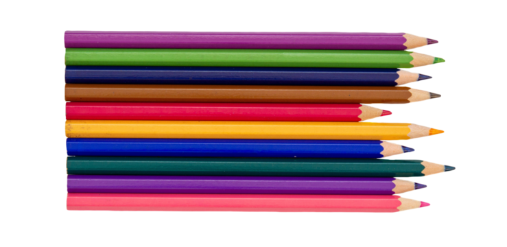 Colorful crayons on a transparent background. Top view, png.