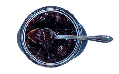 A jar of sour cherry jam on a transparent background