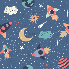 Space Seamless Pattern in childish hand-srawn style. vector seamless pattern with rocket, planets, shooting star,comets, etc.