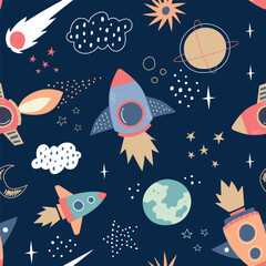 Space Seamless Pattern in childish hand-srawn style. vector seamless pattern with rocket, planets, shooting star,comets, etc.