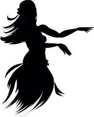 Black silhouette of hula dancer isolated on white background