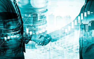 Business handshake on finance prosperity and money technology asset background . Economy and...