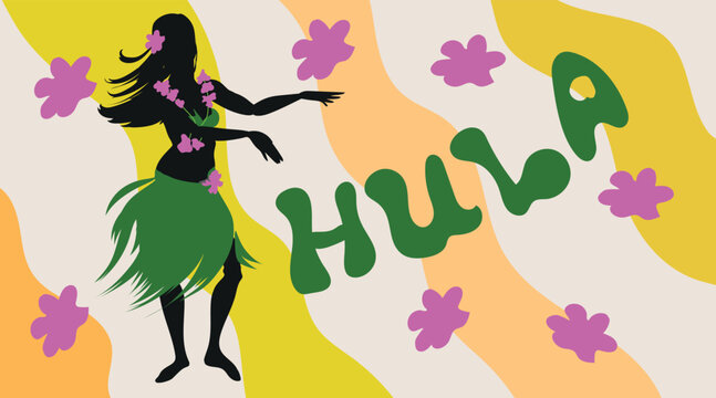 Black silhouette of hula dancer with green grass skirt and lei of flowers on colored background