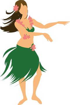 Silhouette of hula dancer with green grass skirt and lei of flowers isolated on white background	