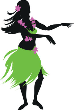 Black silhouette of hula dancer with green grass skirt and lei of flowers isolated on white background