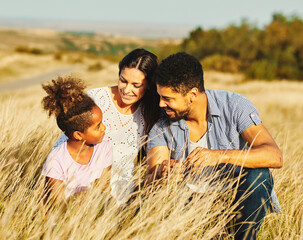 child daughter family happy mother father healthy carefree fun together girl cheerful field outdoor...