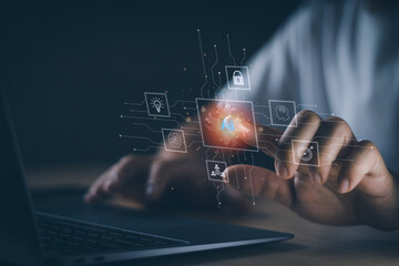 concept of intelligent technology (Ai) or digital transformation management. Businessman hand tapping to manage big data and business process with technological innovations of the future