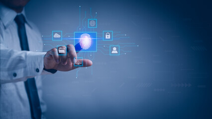 Businessman scanning fingerprint authentication on virtual screen to log in with password on the Internet to conduct various transactions, Secure technology cyber security and cyber crime concept