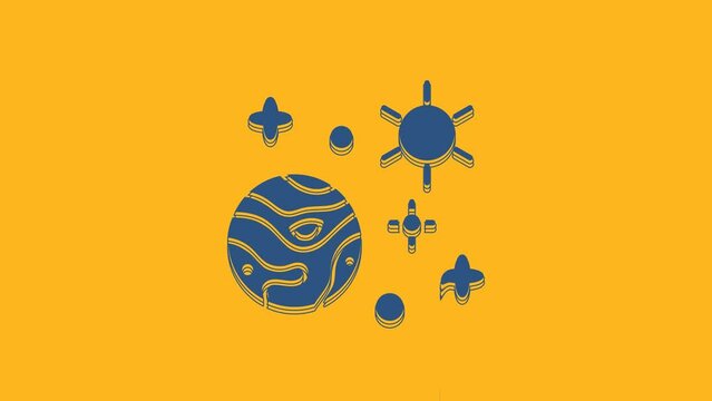 Blue Space and planet icon isolated on orange background. Planets surface with craters, stars and comets. 4K Video motion graphic animation