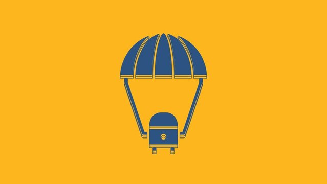 Blue Space capsule returning to earth via parachute icon isolated on orange background. 4K Video motion graphic animation