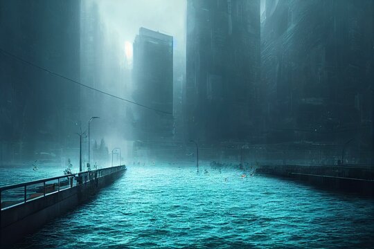 city under water, concept, future due to climate change made with Generative AI