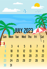calendar july 2023. calendar template with sea and beach.  summer concept. week starts sunday