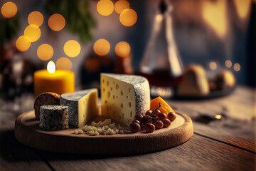 Fototapeta na wymiar appetizing French cheese dish, presented on a wooden tray in a festive and colorful atmosphere. Luminous bokeh to conclude a gastronomic meal. Generative AI