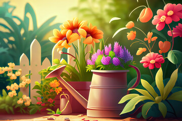 Gardening Concept. Garden Flowers and Plants on a Sunny Background. Generative Ai