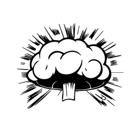 Nuclear explosion mushroom in cartoon black and white style for coloring. Vector illustration	