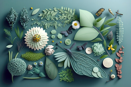 Space arrangement fauna and flora objects flowers insects 3D effect still life, decoration. AI generated illustration.
