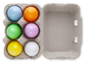 Happy Easter, six colorful eggs in box cardboard, top view isolated on transparent background. Copy space Template for advertising promo shopping sale banner or gift greeting card or ticket price