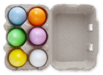 Happy Easter, six colorful eggs in box cardboard, top view isolated on transparent background. Copy space Template for advertising promo shopping sale banner or gift greeting card or ticket price