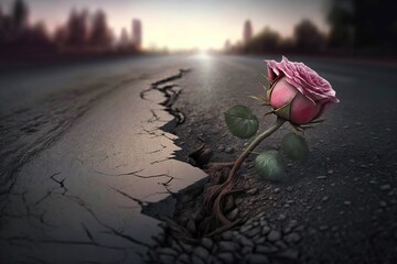 Withered, dying rose lie, ruined, destroyed city. War, buildings, tragedy. - obrazy, fototapety, plakaty