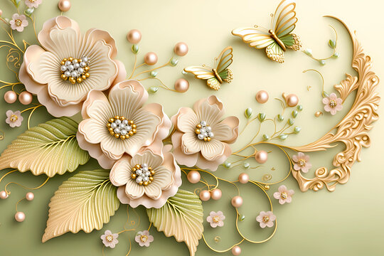 Fototapeta Beautiful floral mural, horizontal green backdrop with pink pearls, flowers and butterflies, decoration wall art. Generative AI.