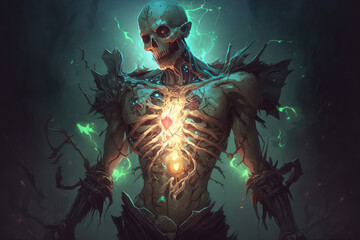 illustration painting of the undead ripped the chest to release the evil power inside, digital art style. (ai generated)