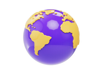 3D globe icon with world map. Cute cartoon earth illustration. Earth day celebration icon. Isometric world map. Cartoon style design 3D icon isolated on white background. 3D rendering.