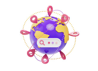 3D globe icon with map pin for travel destinations and search bar. Cute cartoon globe with pin icon. Travel planning concept. Cartoon style design 3D icon isolated on white background. 3D rendering.