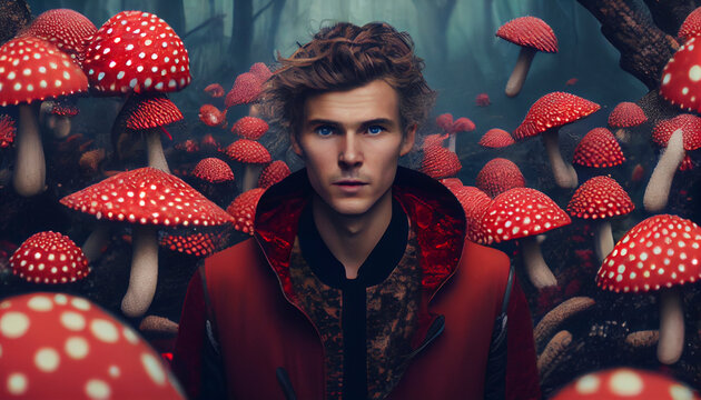 The concept of prohibited and permitted psychotropic substances and drugs, hallucinations and other influences. Portrait of a young man surrounded by red fly agaric mushrooms, generated ai