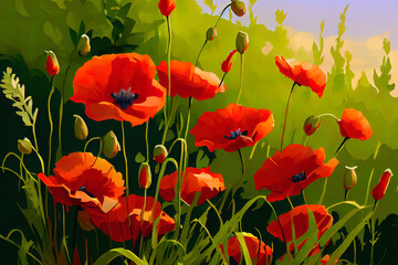 Fototapeta premium Wonderful poppy flowers in the field in spring. Generative Ai