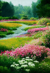 blooming flower field in the garden park