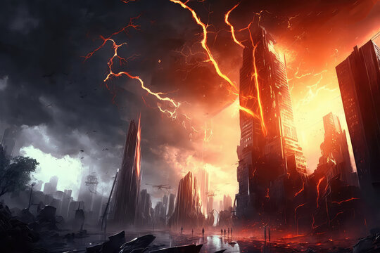 illustration painting of red thunder cityscape, the burning city, digital art style, digital painting. (ai generated)