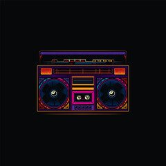 Original vector illustration in vintage style. Boombox. Retro icons portable stereo cassette recorder. T-shirt design.