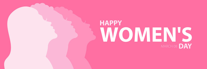 Happy women's day. March 8. International Women's Day. Horizontal poster with three silhouettes of female faces. Vector pink illustration in flat style for greeting card or banner