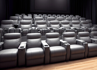 Soft and luxurious audience seats in an auditorium or movie theater. These chairs are arranged in rows. The decoration in the hall is beautiful and luxurious.