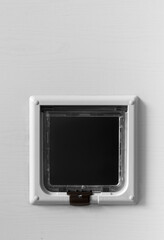 Inside view of a regular white cat flap on a light door