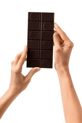 Bar of chocolate in hands on a white background